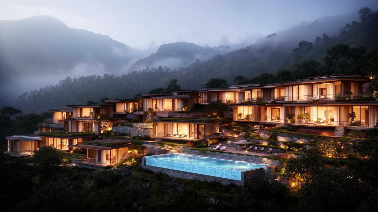 Mountain resort with infinity pools and terraced villas