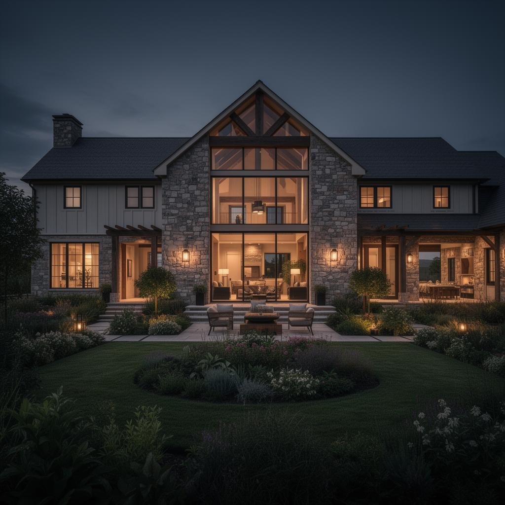 Modern farmhouse exterior with stone and timber near Delhi NCR