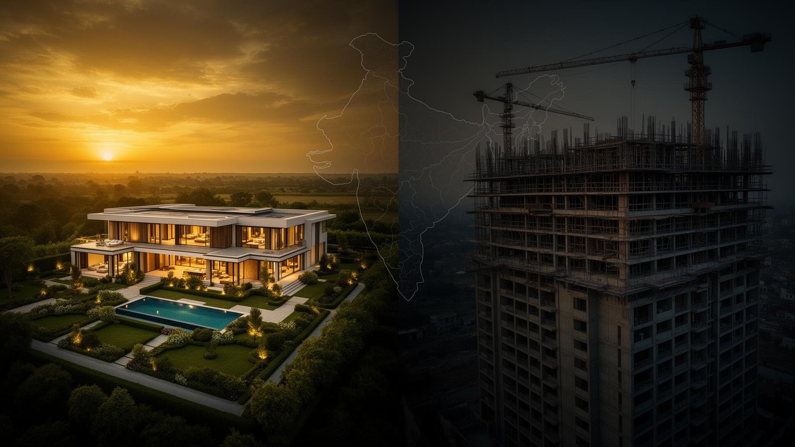 North India luxury construction portfolio split panoramic view — completed farmhouse and ongoing tower